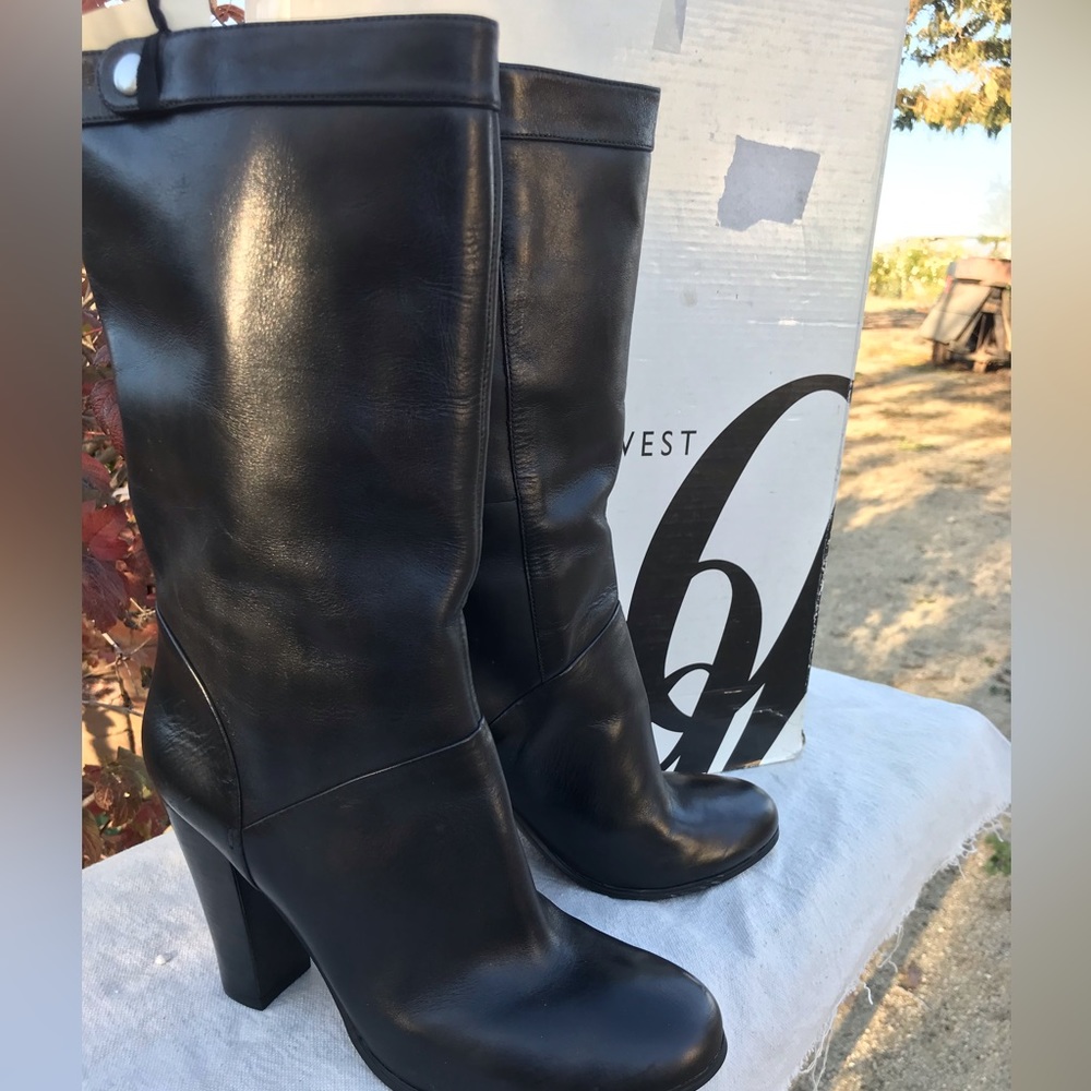 🦊NINE WEST NEW! In Box NWAMRIT Smooth Calf Leather StackHeel Black Boot -SZ 8.5